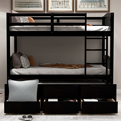 Harper & Bright Designs Twin Over Twin Bunk Bed with Trundle, Wooden Bunk Bed with 3 Storage Drawers and Safety Rail, Can be Convertible to 2 Beds