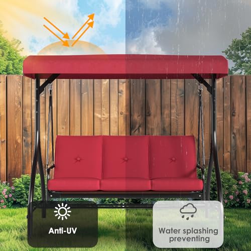 TLSUNNY 3-Seat Outdoor Patio Porch Swing with Adjustable Canopy & Backrest, Convertible Glider Bed with Stand, Removable Seat Cushion