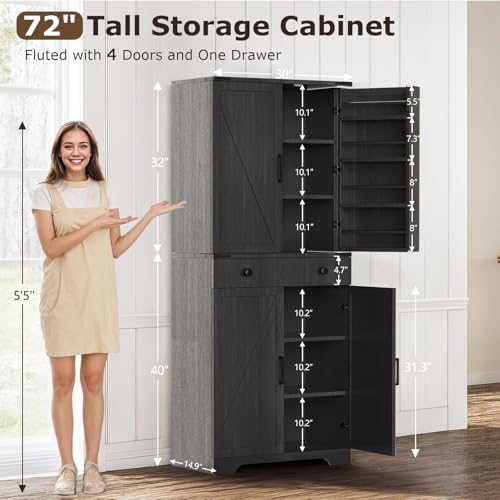 72" Tall Farmhouse Kitchen Pantry Cabinet, Large Storage Cabinet with 6 Adjustable Shelves, 4 Barn Doors & Drawer for Bathroom, Dining Room, Brown