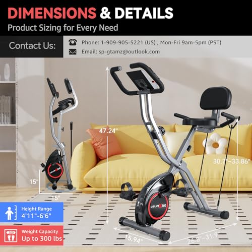 Foldable Exercise Bike Stationary Bikes for Home, 5 IN 1 Indoor Workout Bike, Cycling Bike with 16-Level Quiet Magnetic Resistance