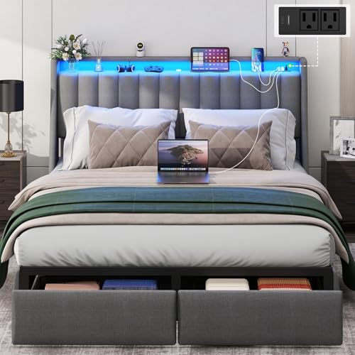 Queen Bed Frame with 2 Storage Drawers, Platform Bed Frame Queen Size with LED Light, Upholstered Headboard, Charging Station, Steel Slat Support