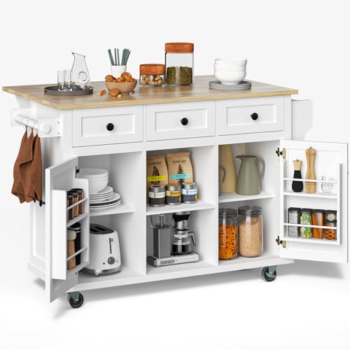 Rovibek Kitchen Island with Drawers 53 in Rolling Island Cart Mobile Solid Wood Portable Islands on Wheels with Storage Cabinet & Drawers, White