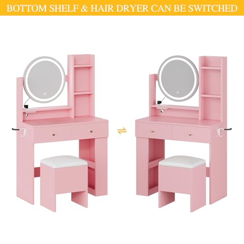 DWVO Vanity Desk with Mirror and Lights, Makeup Vanity Table Set with Power Outlets and Chair, 3 Lighting Colors