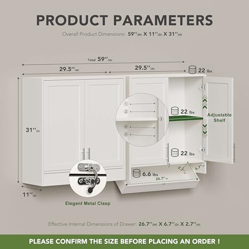Wall Storage Cabinet - Kitchen Laundry Wall Amount Cabinet with Two Shaker Doors and Shelf, in Grey, 24'Wx2 Pcs