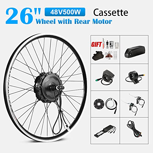 26 inch Ebike Conversion kit 48V500W Rear Front Motor Wheel with 48V13Ah Battery Fit for 6S 7S 8S 9S 10S Cassette Screwed Brushless Motor Kit