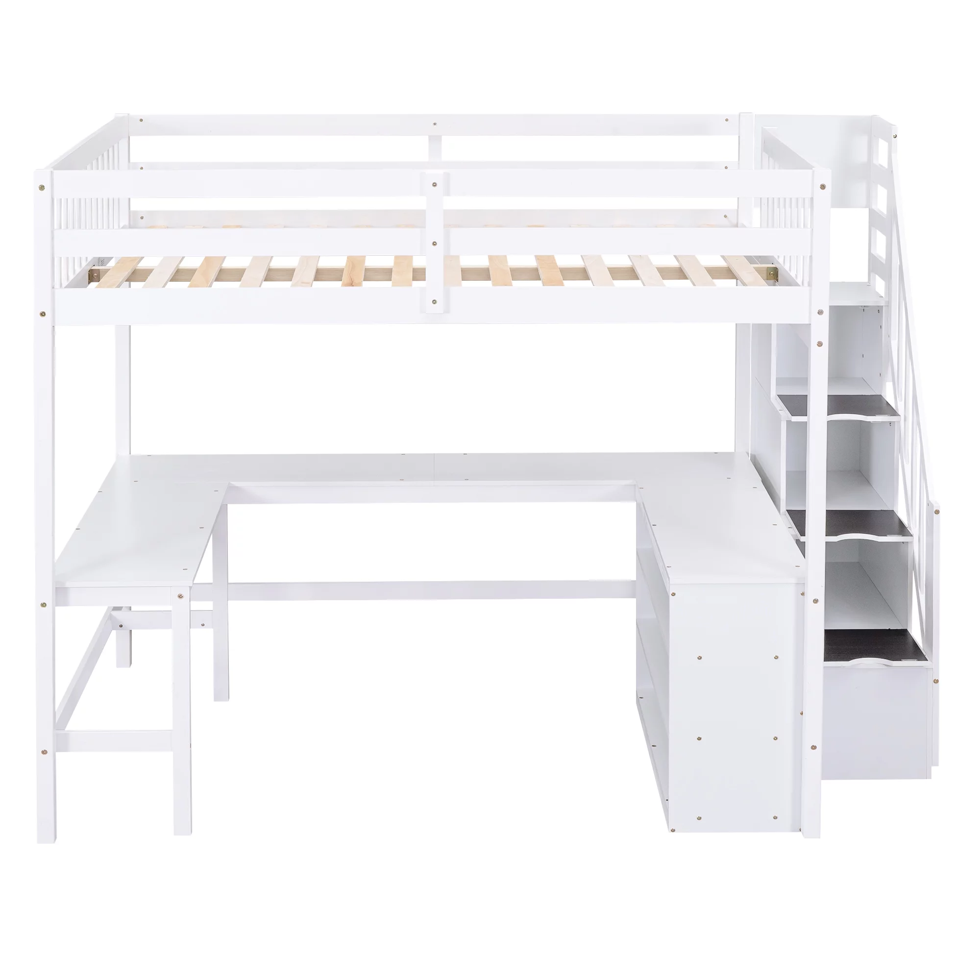 EUROCO Wood Full Size Loft Bed with Desk, Shelf and Storage Staircase for Kids Teens Adults, Built-in Desk with Bookscase for Working Station