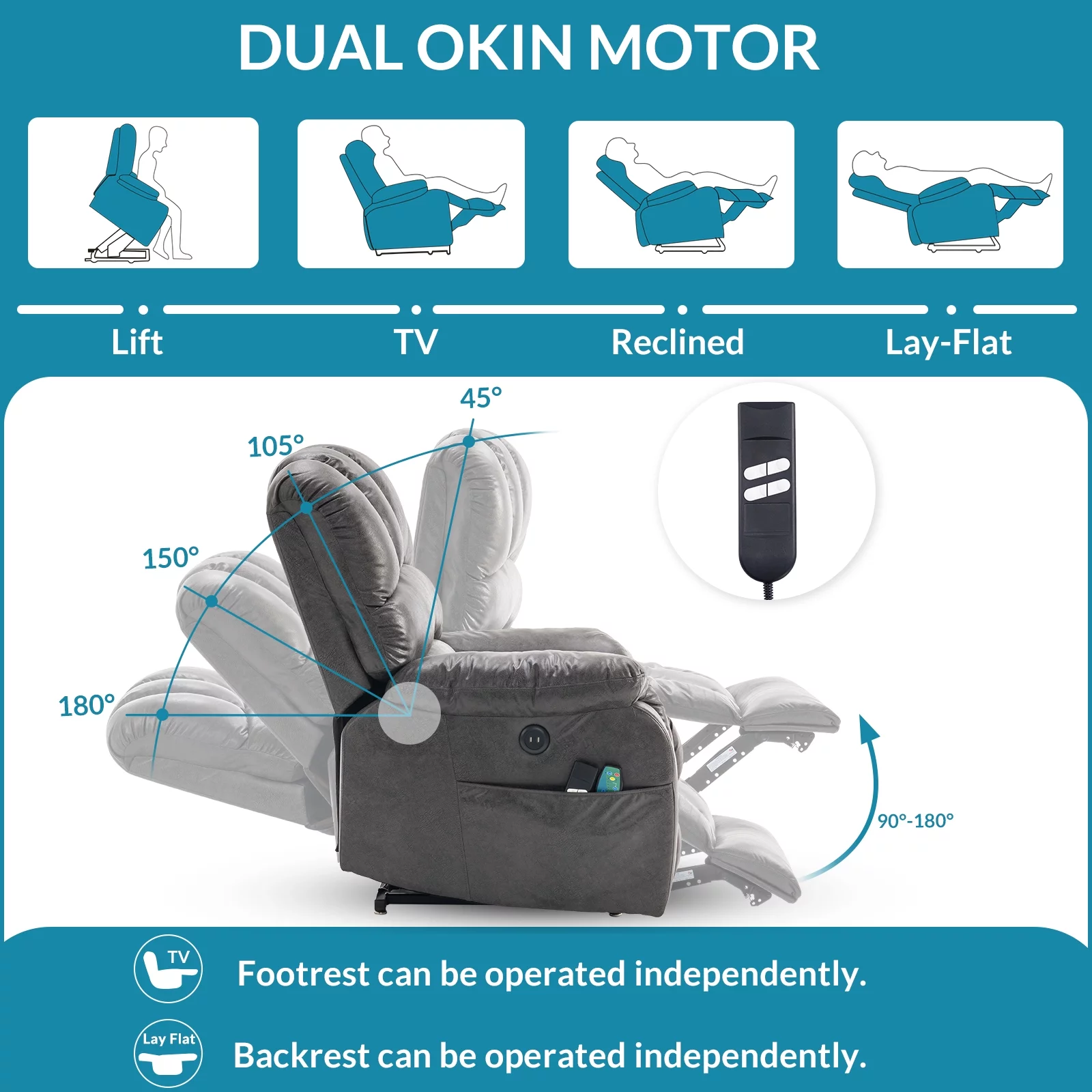 OUINCH Large Dual Motor Lay Flat Sleeper Power Lift Recliner Chair for Elderly with Heat and Massage, 2 Remote Controls, 2 USB Ports & 2 Side Pockets