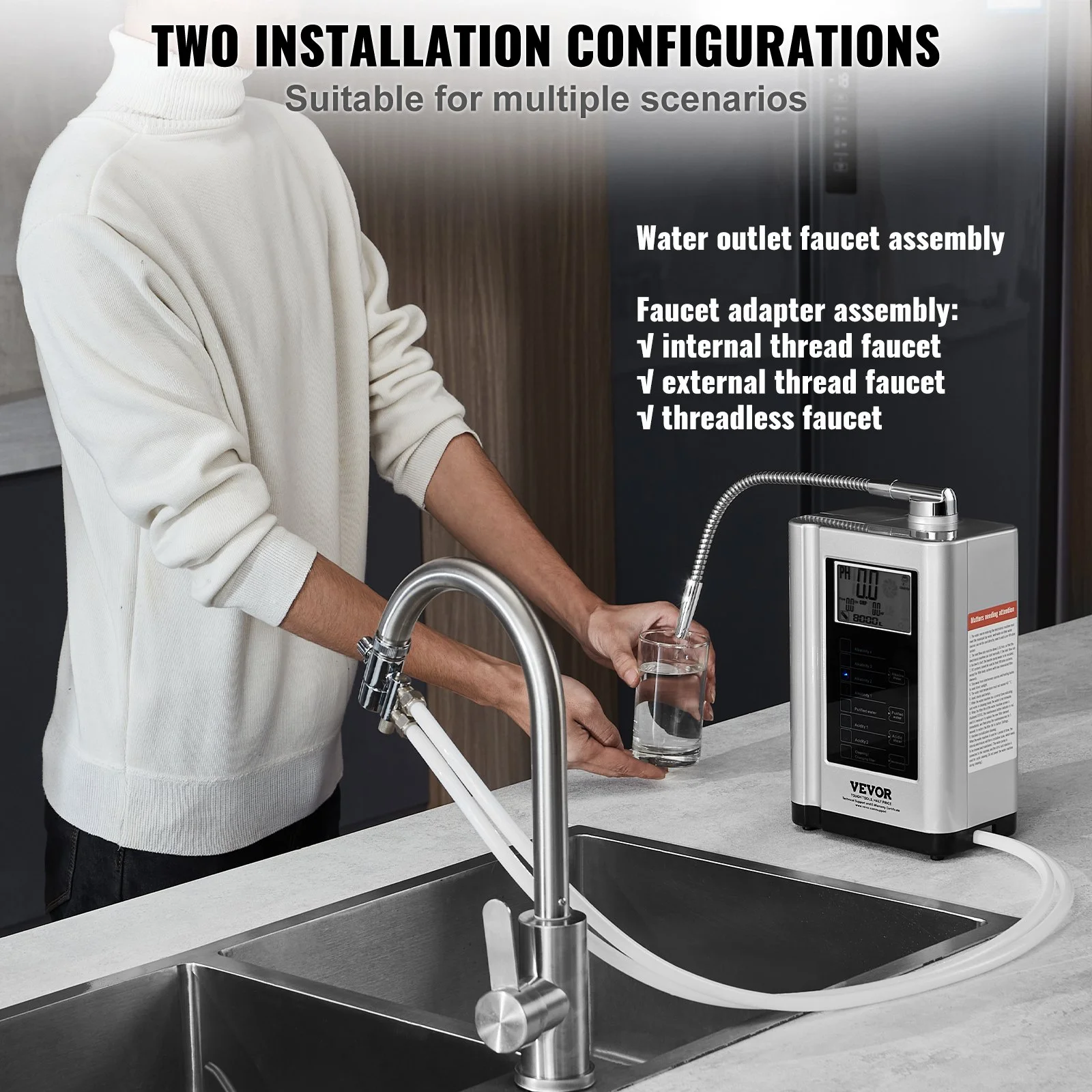 VEVOR Alkaline Water Ionizer Machine, pH 3.5-10.5, 7 Water Settings, -550mV ORP, 8000L Per Filter, Auto-Cleaning