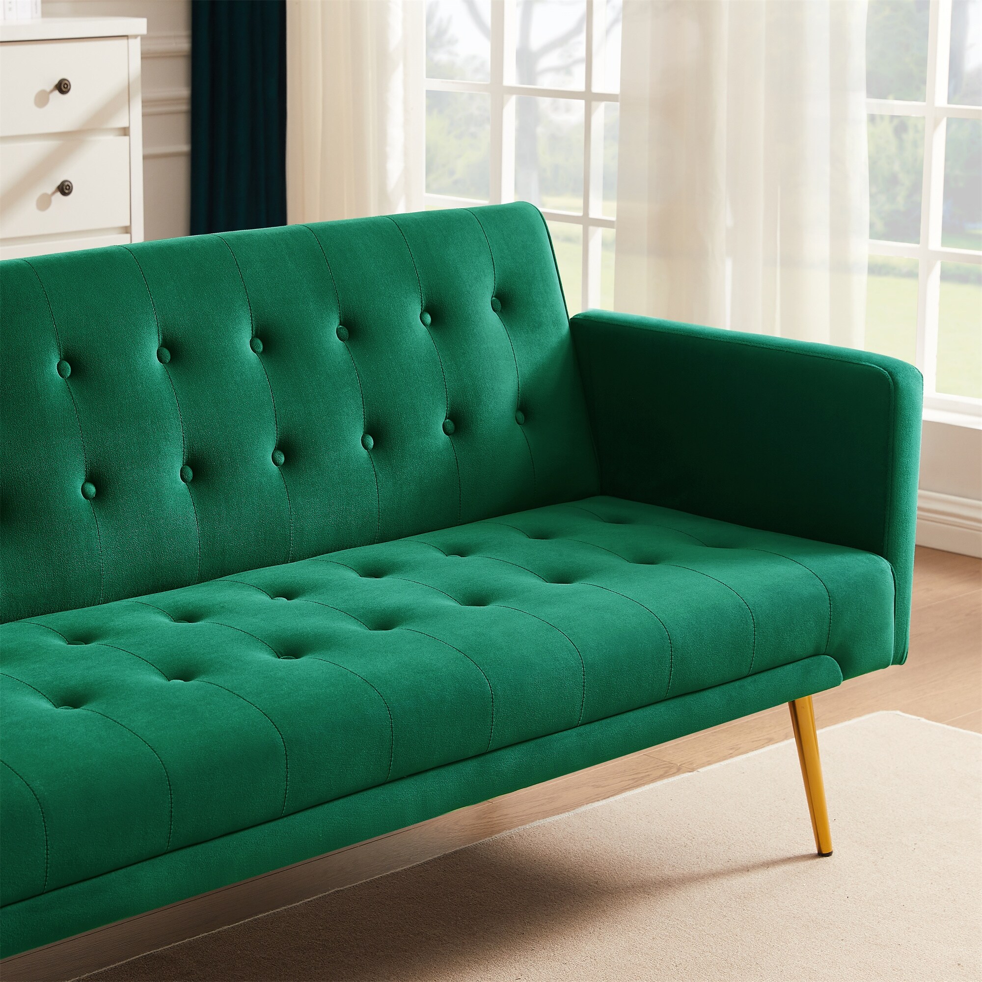 Velvet Living Room Sofa Bed 3 Adjustable Sofas with Metal Legs Recliner Green