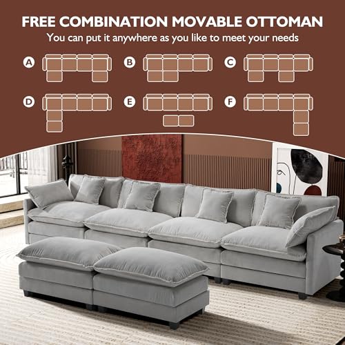 Ihanherry 111.4" U Shaped Modern Cloud Sofa Modular Sectional Couch with 2 Ottoman, 5-Seat Chenille Deep Seat Sofa with Pillow for Living Room