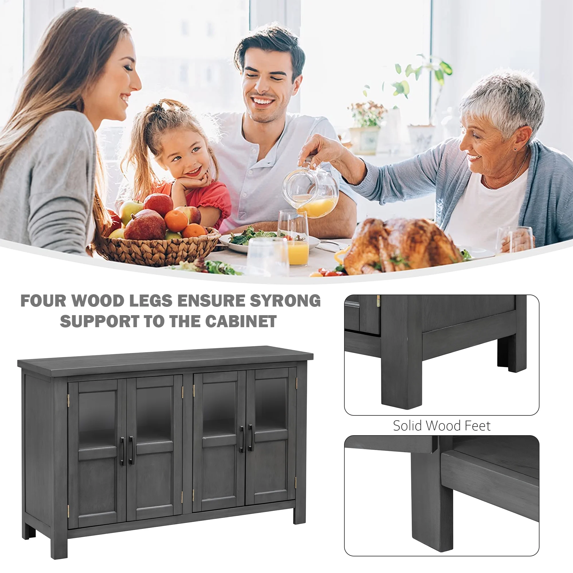 Buffet Cabinet with 4 Doors, Farmhouse Storage Cabinet, Atumon Storage Cabinet with Adjustable Shelves and Metal Handles