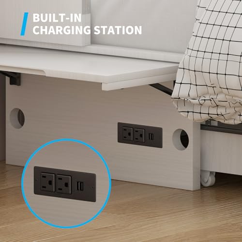 Mjkone Murphy Bed, Queen Cabinet Beds with Tri-fold Mattress and Built-in USB Charging Station/Drawer