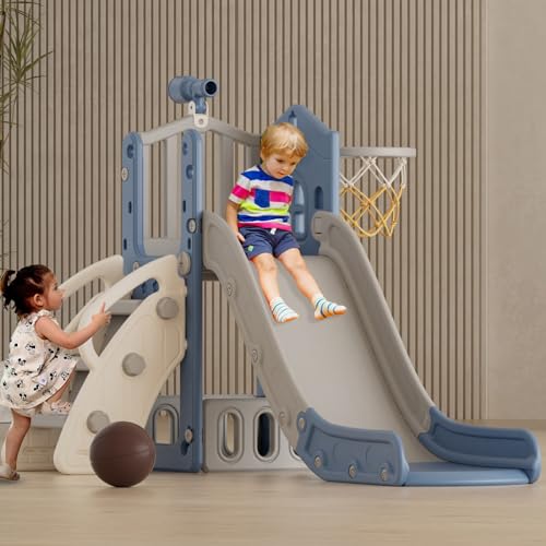 XJD 5 in 1 Toddler Slide, Kids Slide for Toddlers Age 1-3, Outdoor Indoor Playset for Toddlers with Basketball Hoop and Ball