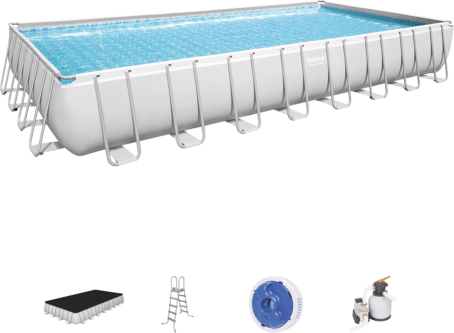 Bestway 56711E Power Steel 18' x 9' x 48 Outdoor Oval Frame Above Ground Swimming Pool Set with 1500 GPH Cartridge Filter Pump, Cover, & Ladder, Gray