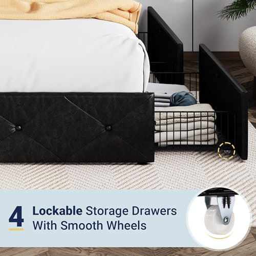 Allewie Upholstered Queen Size Platform Bed Frame with 4 Storage Drawers and Headboard, Square Stitched Button Tufted