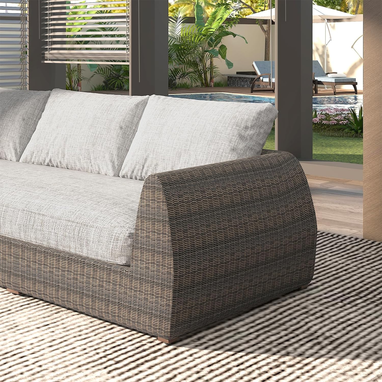 AECOJOY L-Shape Outdoor Patio Deep Seating Lounge Set with Sofa, 4-Piece Backyard Patio Furniture Set, Brown Rattan Conversation Sets,Light Grey