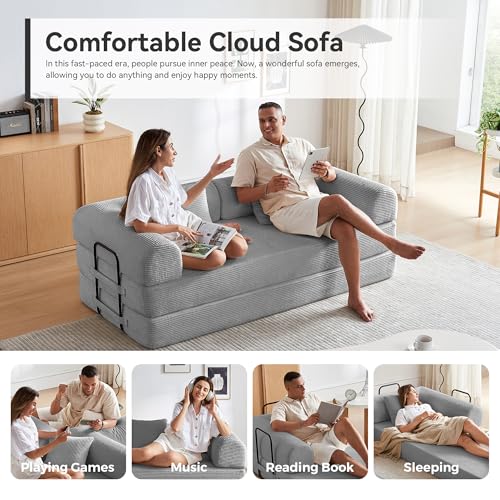 Convertible Sleeper Sofa Bed with Cylindrical Pillow, Comfy Foldable Sofa Bed Compressed Sofa in Box