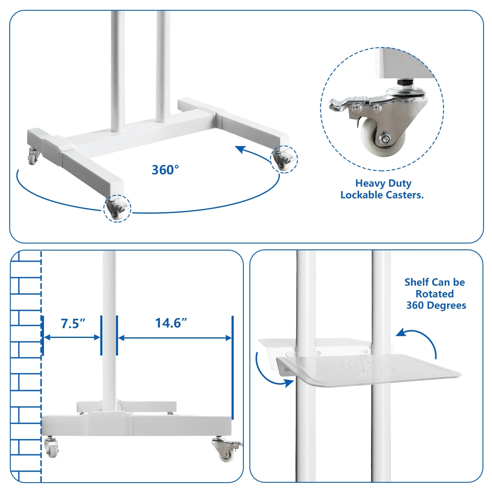 Tall TV Stand with Wheels for 32 to 85 Inch Flat Panel TVs Tilt Floor Trolley Stand Cart, White Shelf
