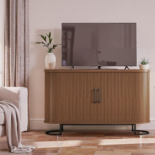 Sideboard Buffet Cabinet with Storage, 54.3" Fluted Tambour, Adjustable Shelves, Mid Century Modern Console for Living Room Kitchen Walnut