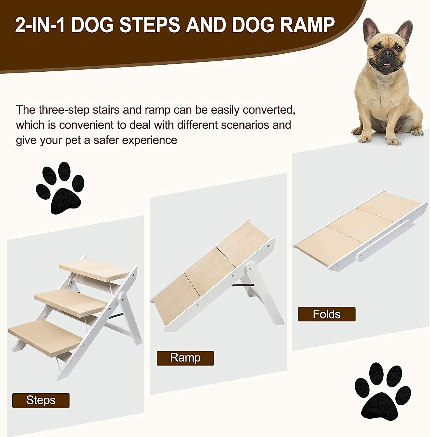 Niubya Wooden Foldable Dog Stairs, Portable 2-in-1 Pet Ramp for Small to Large Dogs and Cats, Nonslip 3-Step Dog Steps for High Beds, Couch and Cars