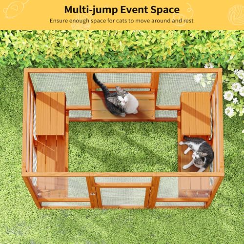71Inches Large Wood Catio Outdoor Cat Enclosure with Perches and Condos, Cat House Indoor with Waterproof Roof