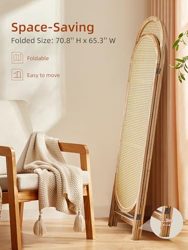 3 Panel Room Dividers and Folding Privacy Screens, Hand-Made Rattan Room Divider with Bi-Directional Hinge