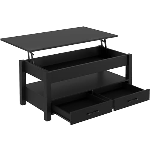 Rolanstar Coffee Table, Lift Top Coffee Table with Drawers and Hidden Compartment, Retro Central Table with Wooden Lift Tabletop, for Living Room