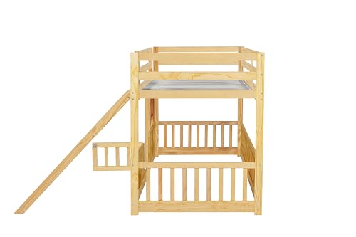 Full-Over-Full Castle Style Bunk Bed with 2 Drawers and 3 Shelves, Wood Bunk Bed Frame with Slide and Storage Staircase for Kids Teens Boys Girls