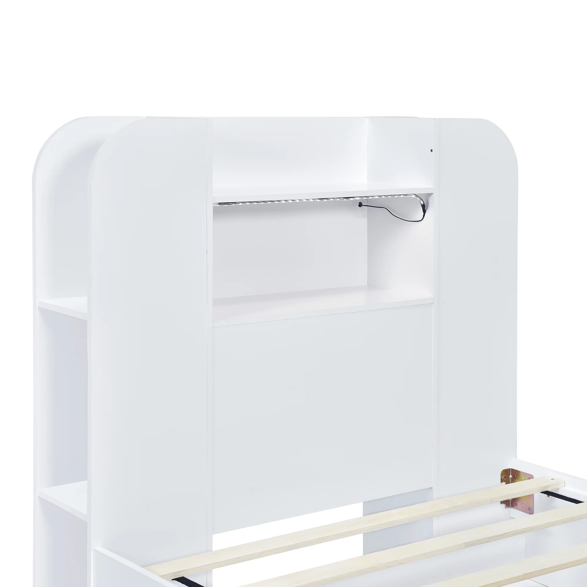 EUROCO Wood Twin Size Platform Bed with Storage Headboard and 2 Drawers, Open Shelf and LED Light for Kids Teens Adults, White