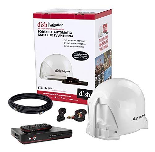 King Dt4450 Dish Tailgater Satellite TV Antenna Bundle W/Dish Wally HD Receiver u0026 Cables
