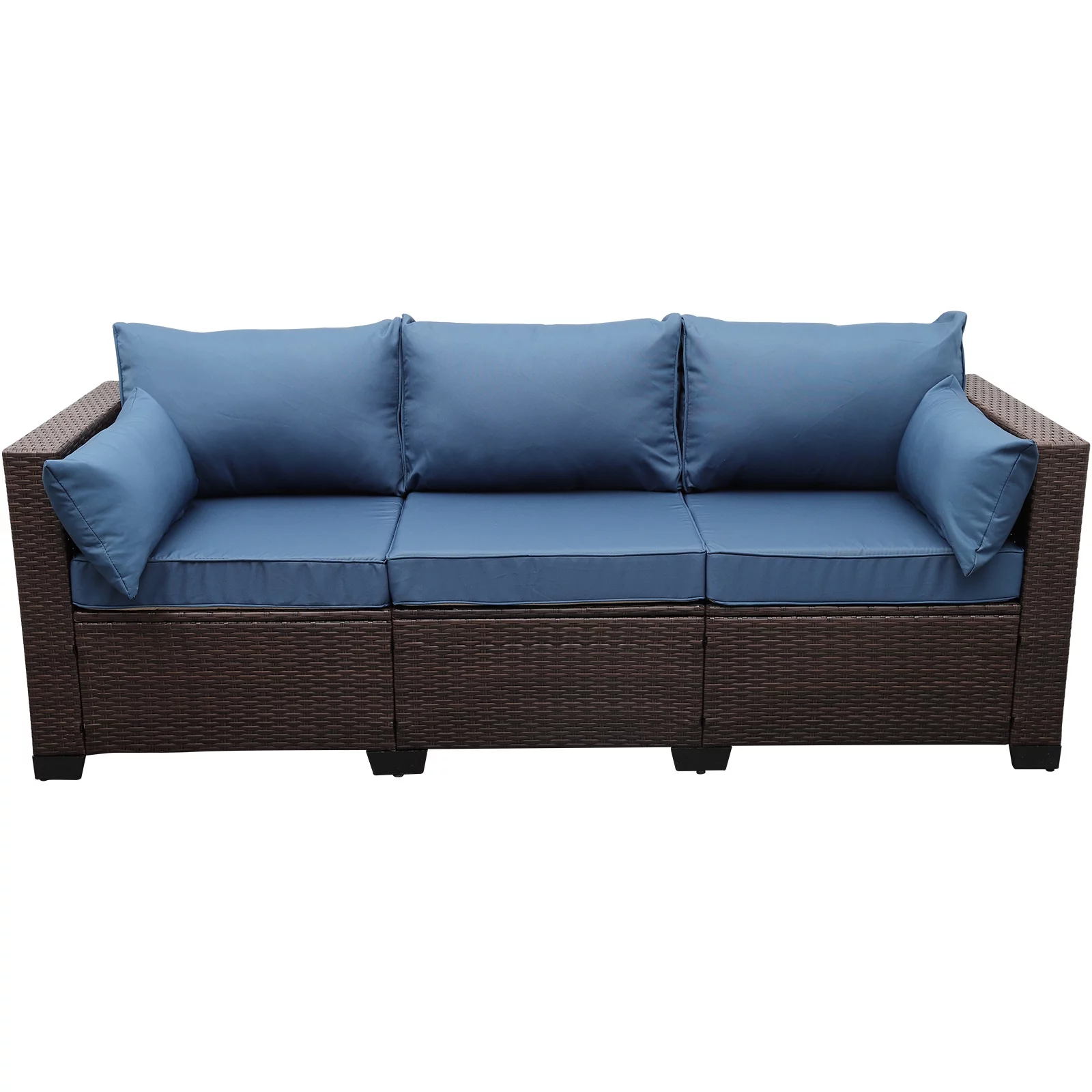 3-Seat Patio Wicker Sofa Outdoor Rattan Couch Furniture Steel Frame with High Back NO-Slip Cushioned, Blue - Radiant Selections