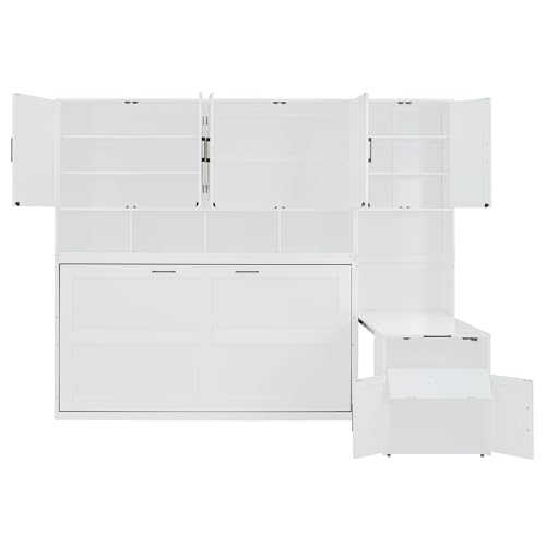 Harper & Bright Designs Twin Size Murphy Bed, Wooden Twin Wall Bed Frame with Closet, Drawers & Desk, White