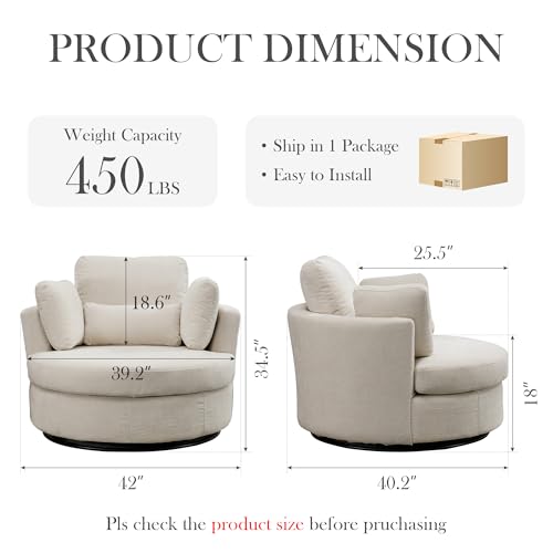 Aoiy & Wifon 42.2" W Oversized Swivel Barrel Chair with Ottoman, Upholstered Round Accent Chair with Storage Ottoman, Chenille, Beige