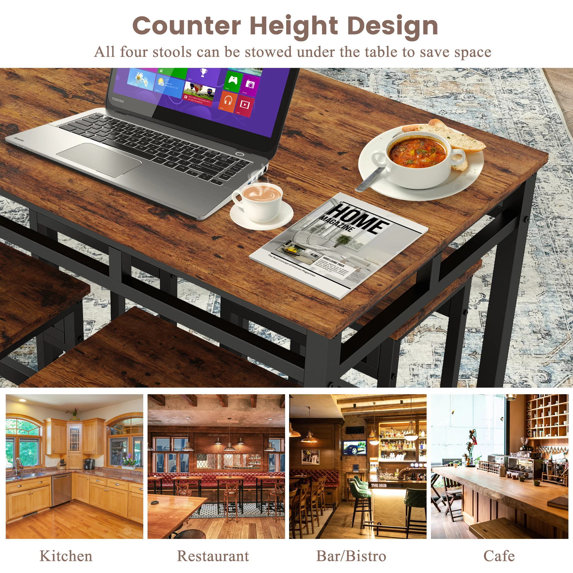 Kitchen Dining Table Set, 5-Piece Dining Table and Stools, Metal Frame Dining Room Set for 4, Modern Small Spaces Dining Furniture Set, Rustic Brown