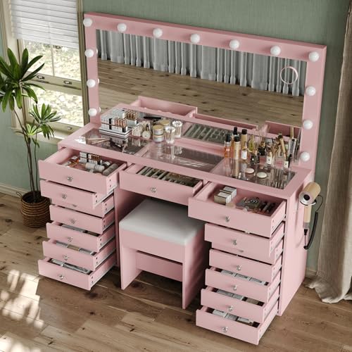 55" W Vanity Desk, Makeup Vanity with Charging Station, 15 Drawers with Lighted Mirror, 3 Lighting Modes, Brightness Adjustable, Glass Top