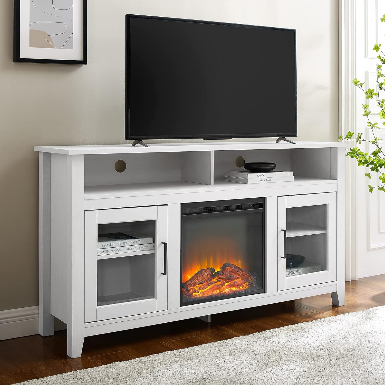 Walker Edison Durango Modern Farmhouse Glass Door Highboy Fireplace Stand for TVs up to 65 Inches, Grey Wash