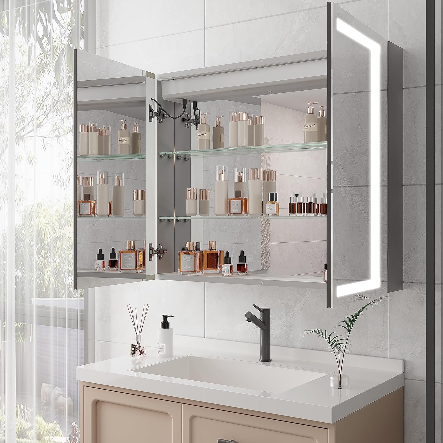36 x 30 inch Medicine Cabinet with LED Vanity Mirror, Anti-Fog, Recessed or Surface Mount, Waterproof, Dimmable