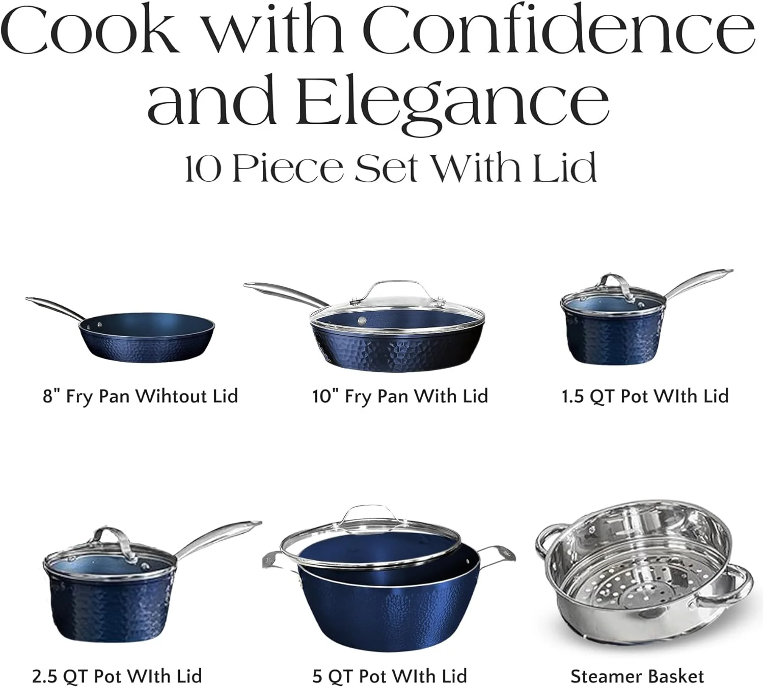 Blue Hammered Collection - Non-Toxic, Non-Stick Ceramic 10 Piece Cookware Set With Glass Lids, Scratch-Resistant, Oven Safe With Upgraded Handles