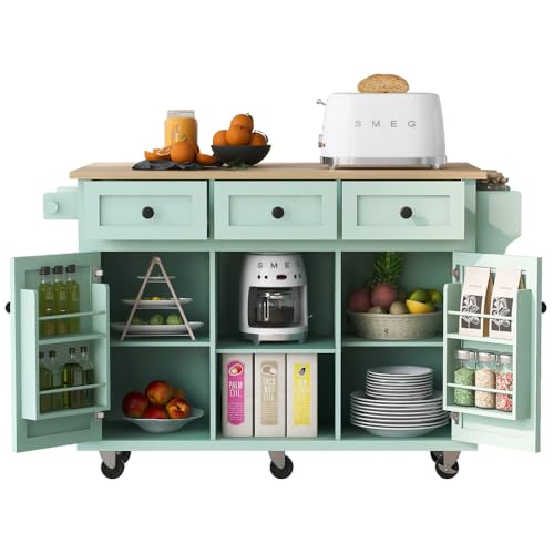 Rolling Kitchen Island on Wheels with Storage Cabinet and Drawers, Island Table for Kitchen with Towel and Spice Rack