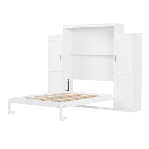 Queen Size Murphy Bed Wall Cabinet with 2 Wardrobe and Storage Shelf, Wooden Murphy Cube Wall Bed