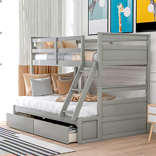 Ball & Cast Twin-Over-Twin Bunk Bed with Twin-Size Trundle and 3 Storage Stairs,Wood Bunkbed w/Full-Length Guardrails,Slat Support