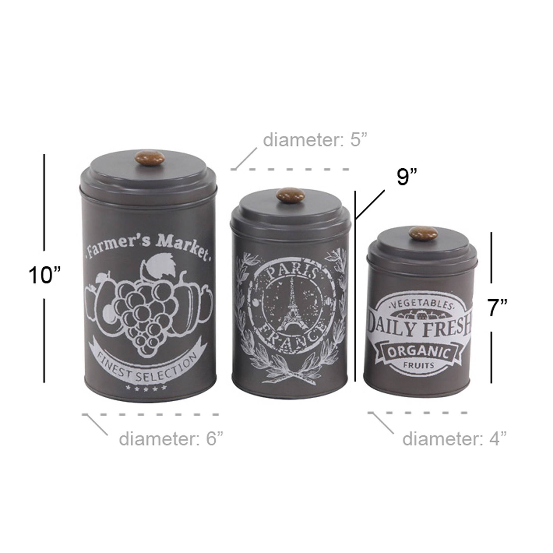 Decmode Farmhouse 7, 9 and 10 inch Black Tin Canisters with Wooden Lid - Set of 3
