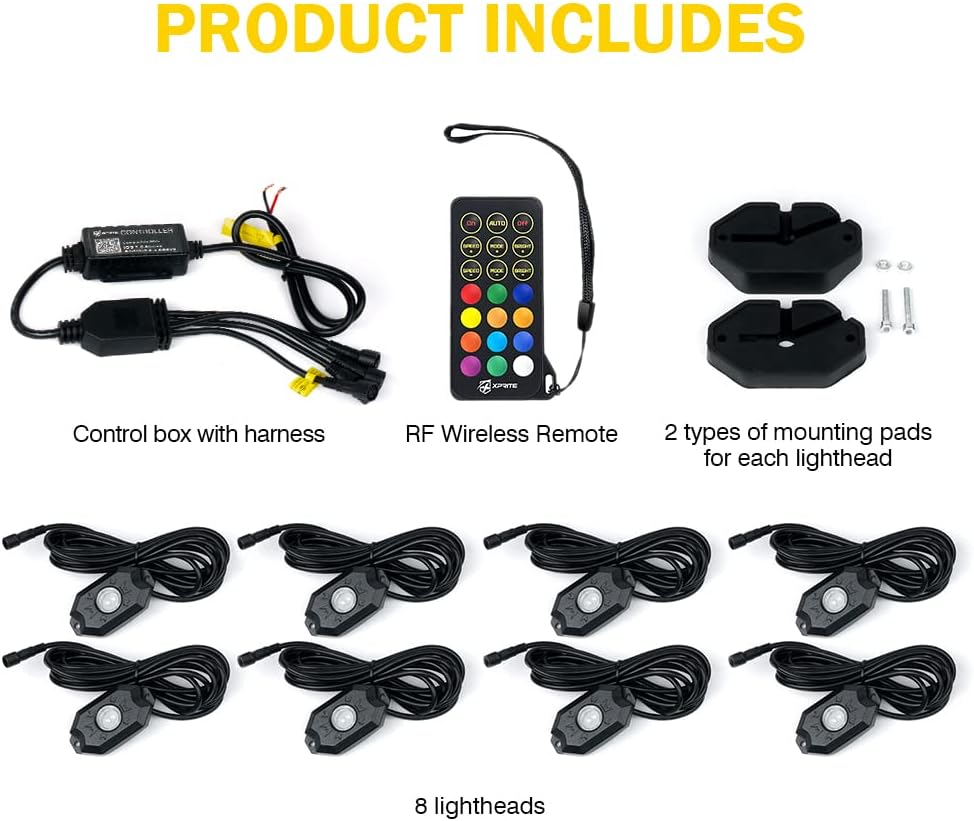 Xprite RGBW LED Rock Lights Kit w/Bluetooth & Wireless Remote Controller, Multicolor Cars Underglow, Whee Well, Footwell Neon Light Kits