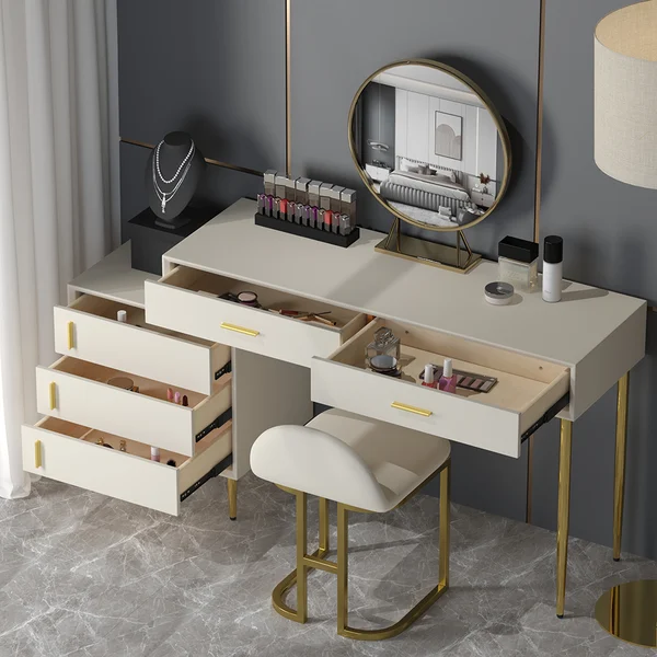 Modern Blue Makeup Vanity Set Retracted Dressing Table Cabinet&Stool&Mirror Included