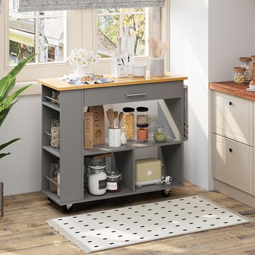 Shintenchi Rolling Kitchen Island Cart with Folding Drop Leaf Breakfast Bar, Portable Trolley Island with Large Storage Cabinet, Shelf and Drawer