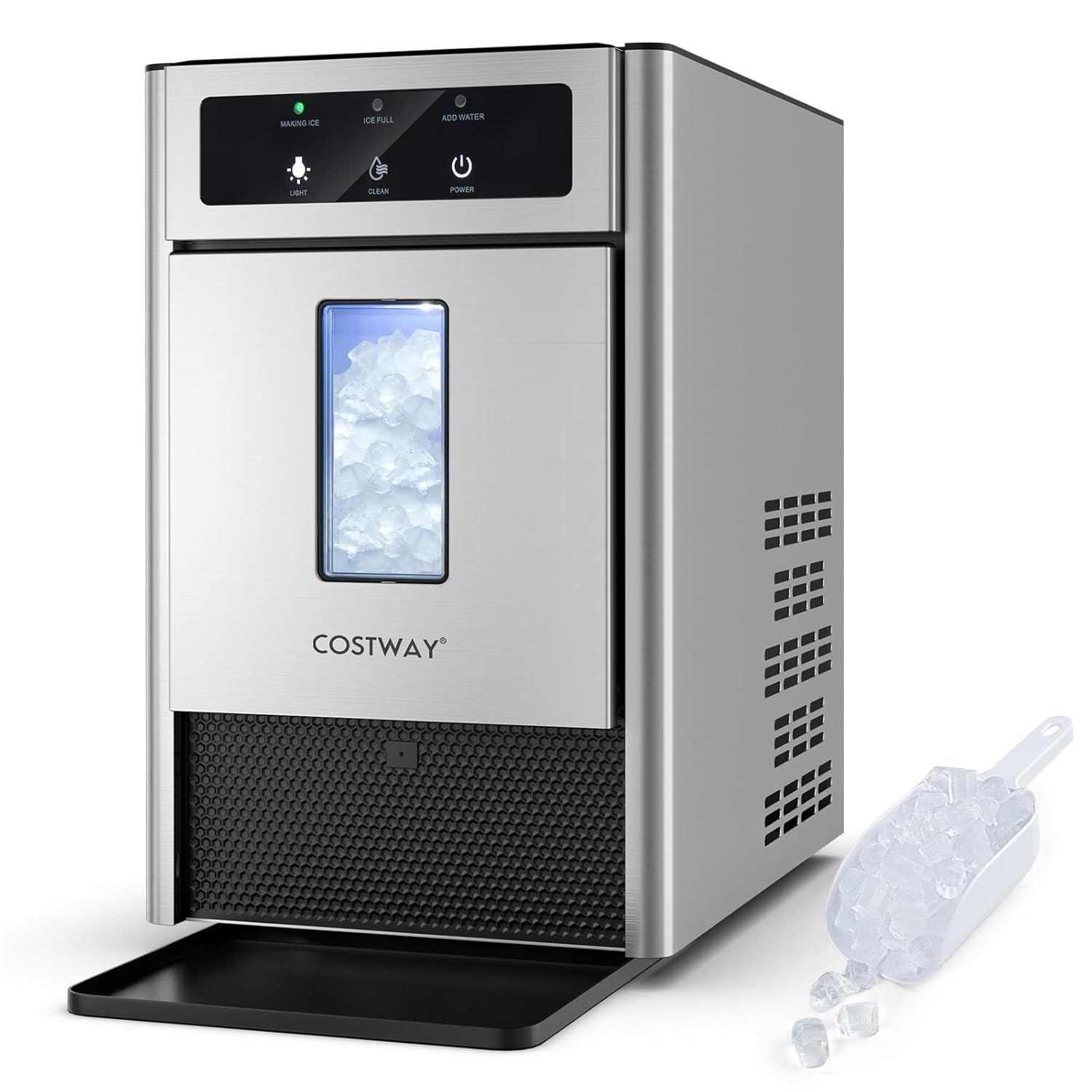 COSTWAY Nugget Ice Maker Countertop, 40 Lbs/24H Soft Ice, Pebble Ice Maker with Self-Cleaning Function, LED Light, Manual and Auto Water Refill