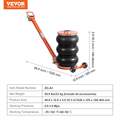 VEVOR Air Jack, 5 Ton/11000 lbs Triple Bag Air Jack, 4-10 S Lifting Pneumatic Jack with Heightened Column Lift up to 21.5"& Adjustable Handle