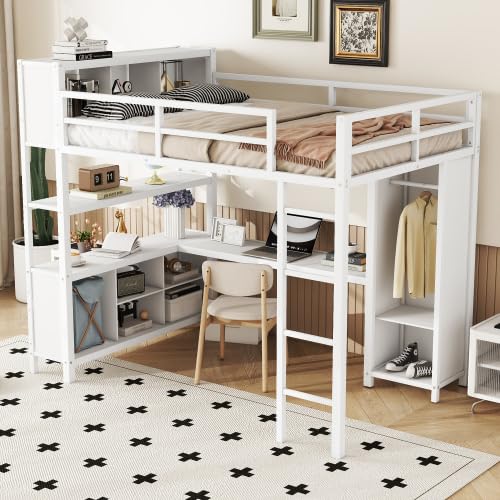 Harper & Bright Designs Full Size Loft Bed with Wardrobe and L-Shaped Desk, Metal Loft Bed with Storage Cubes, Cabinet, Shelves for Kids Teens, White