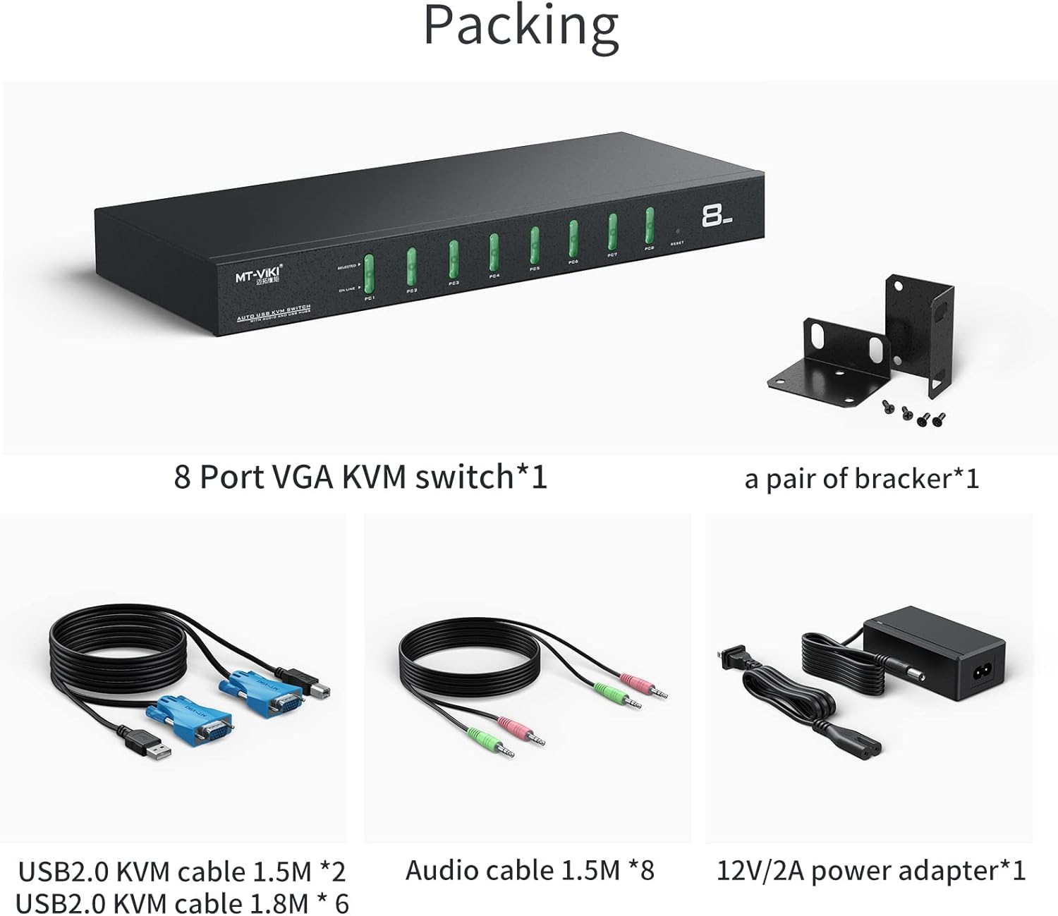 8 Port KVM Switch VGA，MT-VIKI 1U Rack Mount KVM w/Audio, Support Daisy Chain/Hotkey/OSD, Included 8 KVM Cables & 8 Audio Cables