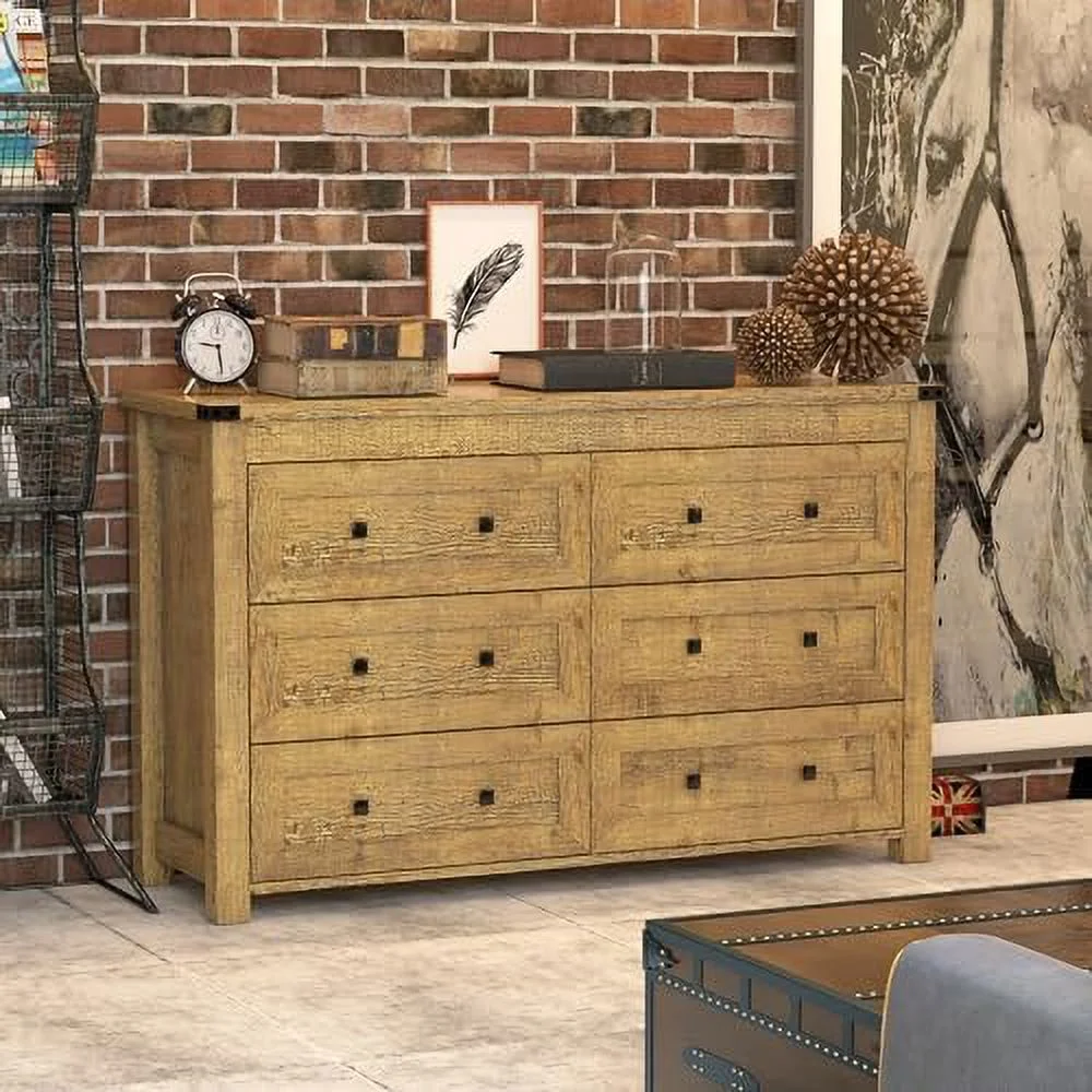 HJZUINIUNIU Farmhouse Dresser for Bedroom with 6 Drawers  Wood Rustic Wide Chest of Drawers   Dressers Organizer for Closet Hallway  Living Room